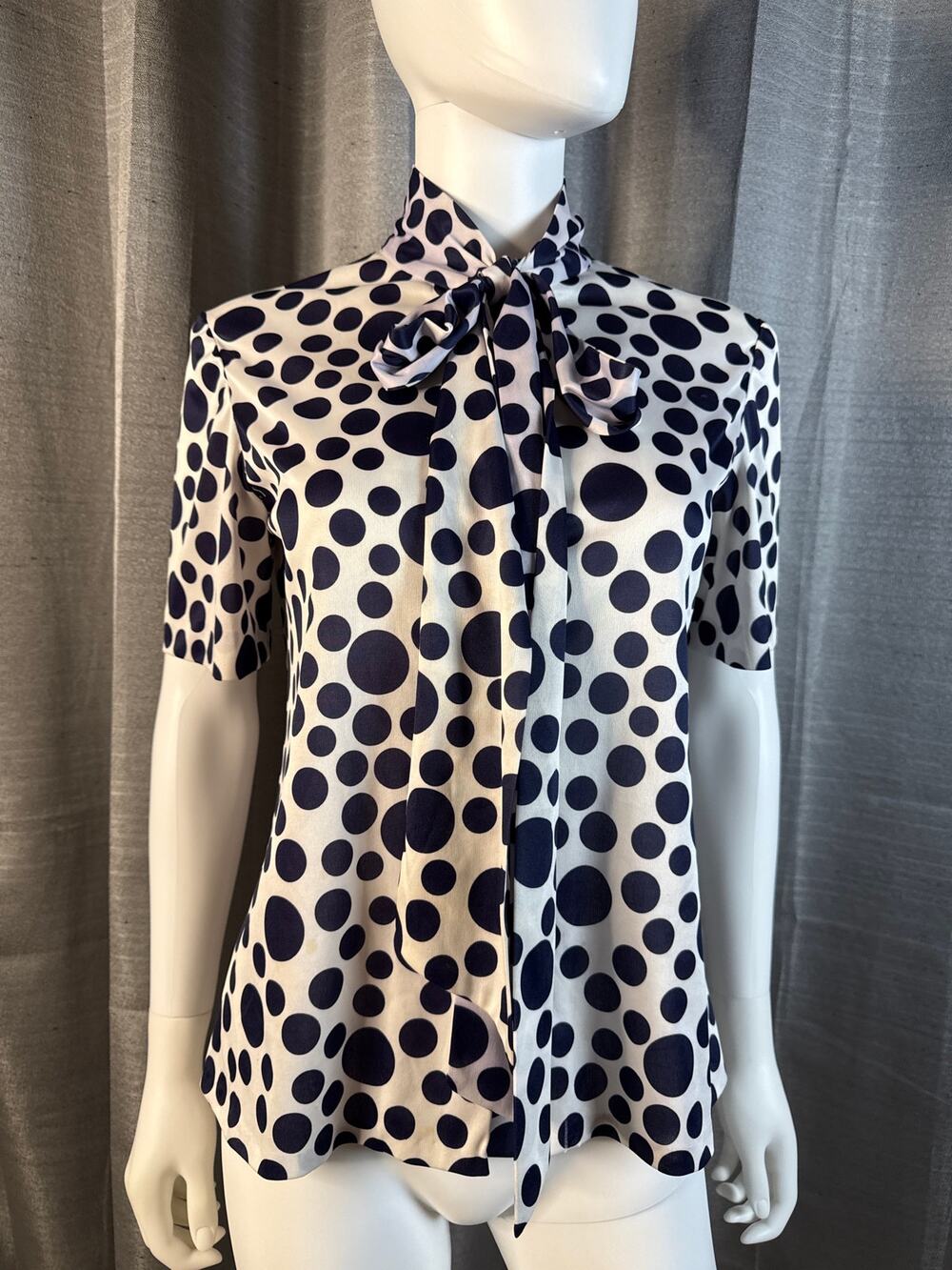 Vintage Navy Polkadot Polyester Secretary Blouse Sz M